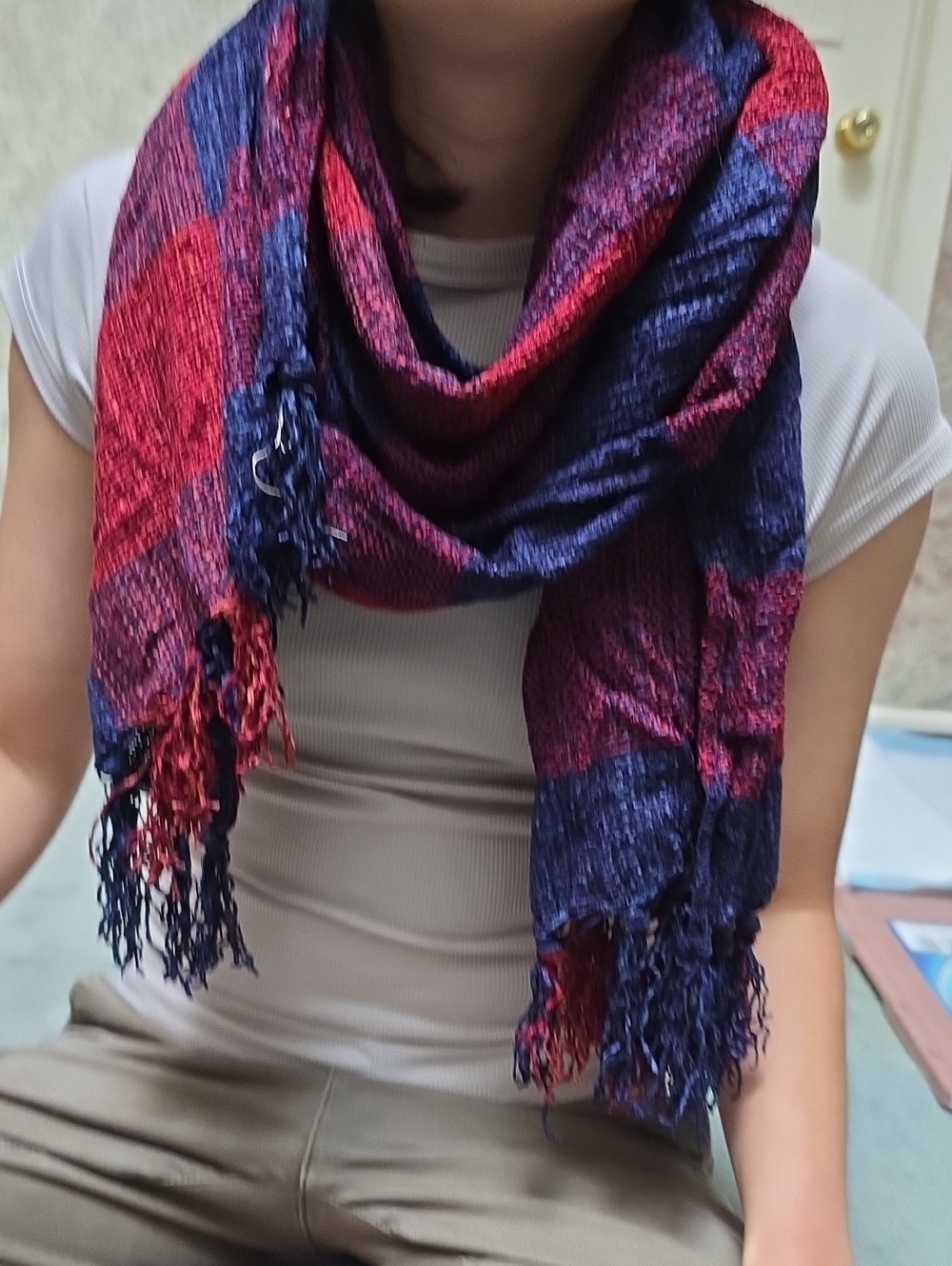 Lux Knit Women's Red and Navy Fringe Scarf